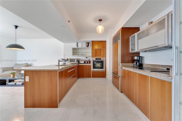 17201 Collins Ave Unit 3708, Sunny Isles Beach, FL 33160 - kitchen featuring modern cabinets, stainless steel appliances, brown cabinets, a peninsula, and open shelves
