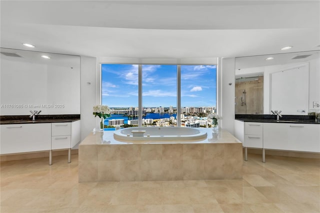 bathroom featuring a sink, two vanities, a bath, and a shower stall