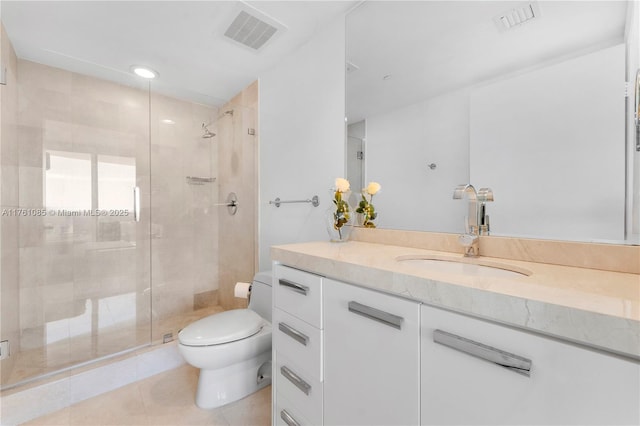 bathroom with tile patterned floors, visible vents, toilet, and a stall shower