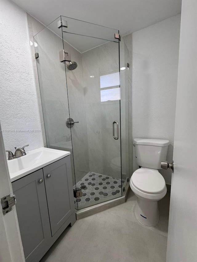 full bath featuring vanity, a shower stall, and toilet