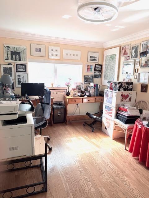 office space featuring crown molding and wood finished floors