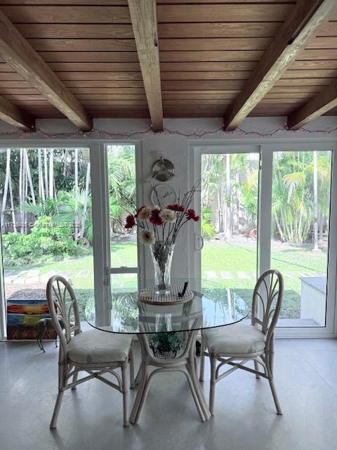 sunroom / solarium with wooden ceiling and beamed ceiling