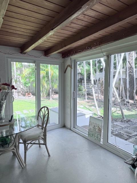 sunroom / solarium with wooden ceiling and beamed ceiling