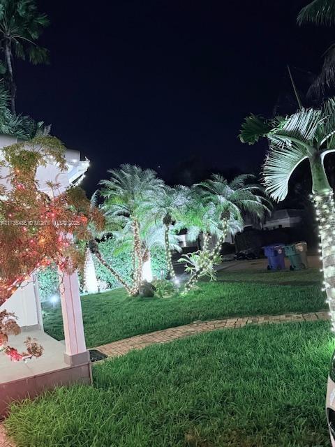 view of yard at night