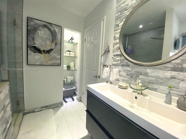 full bathroom with walk in shower, decorative backsplash, a tub to relax in, and vanity