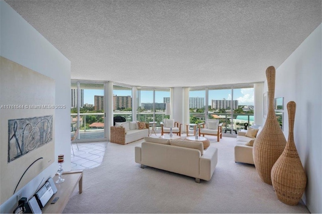 living room with a textured ceiling, a view of city, a wall of windows, and carpet