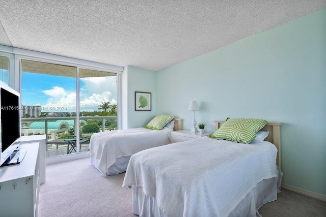 bedroom with expansive windows, a textured ceiling, carpet flooring, baseboards, and access to exterior