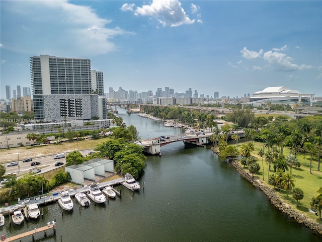 view of water feature with a city view