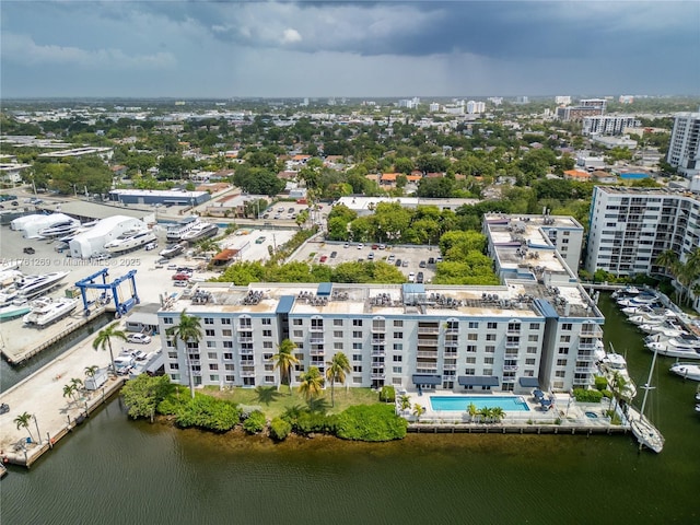 aerial view featuring a view of city and a water view