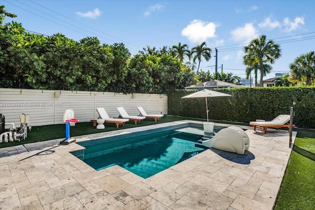 view of pool with a fenced backyard and a patio area