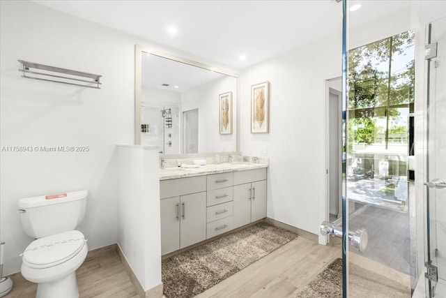 full bath with toilet, a stall shower, a sink, wood finished floors, and double vanity