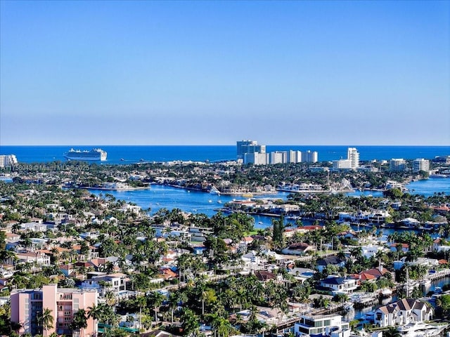 bird's eye view with a city view and a water view