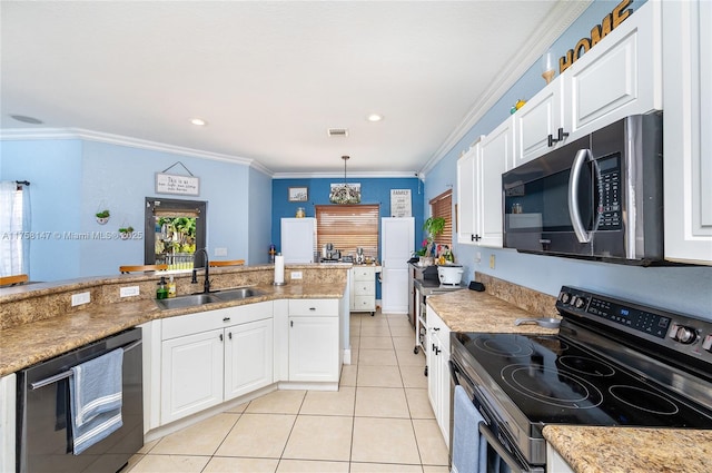 kitchen with crown molding, light tile patterned floors, stainless steel appliances, white cabinetry, and a sink