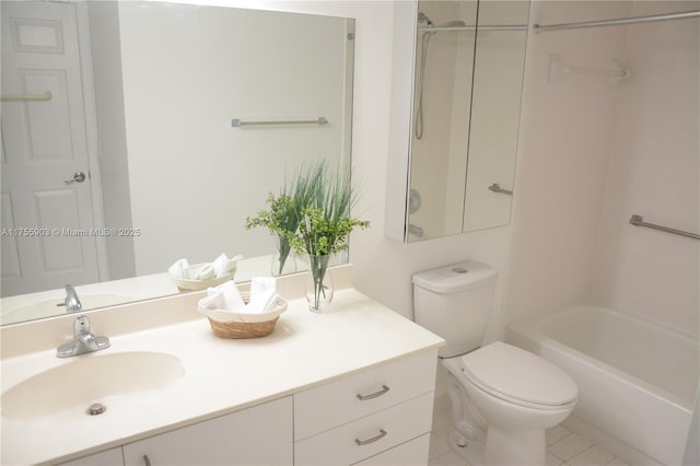 full bath featuring vanity, bathing tub / shower combination, and toilet