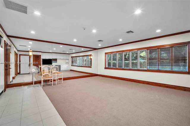 interior space with crown molding, recessed lighting, and visible vents