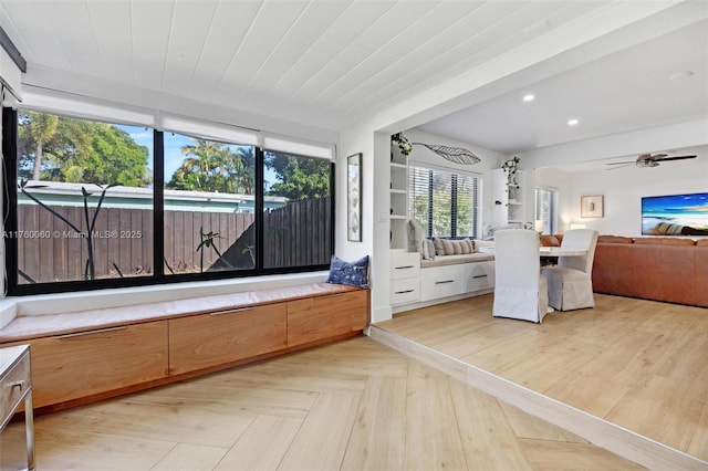 interior space featuring a ceiling fan