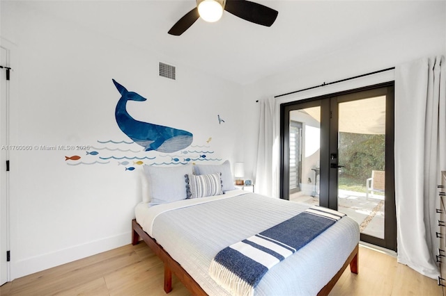 bedroom featuring light wood-type flooring, visible vents, french doors, baseboards, and access to exterior