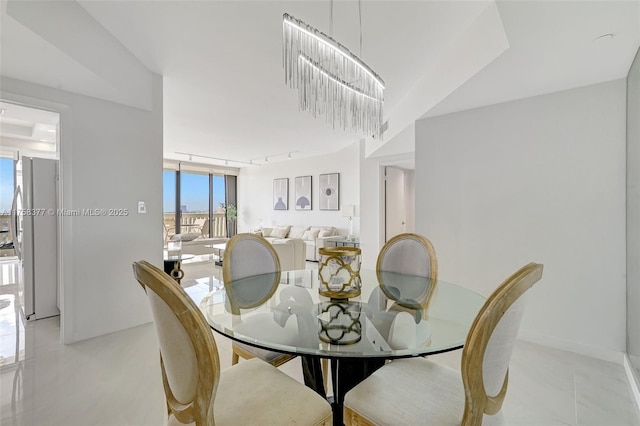 dining room featuring track lighting and baseboards