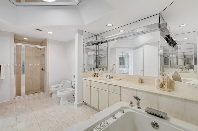 full bathroom featuring visible vents, toilet, a stall shower, a bidet, and vanity