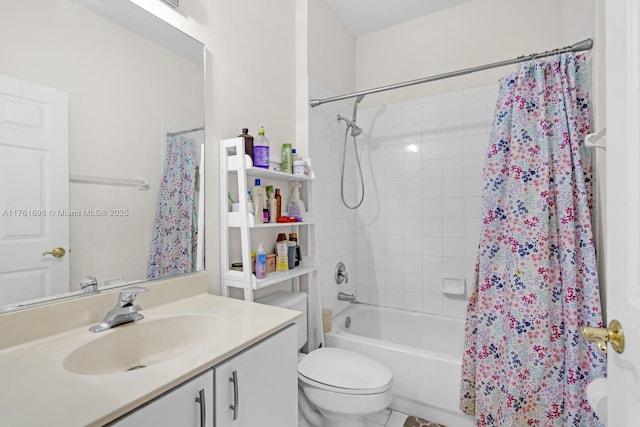 bathroom featuring vanity, toilet, and shower / tub combo with curtain