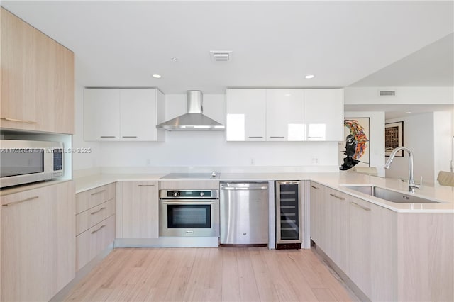 kitchen featuring a sink, wall chimney range hood, modern cabinets, and stainless steel appliances