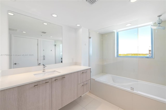 full bathroom featuring tile patterned floors, visible vents, shower / bathtub combination, recessed lighting, and vanity