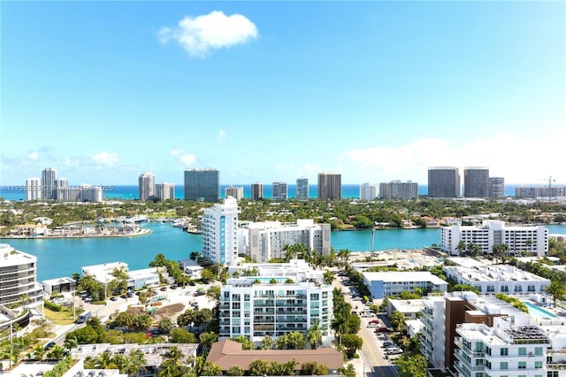 bird's eye view featuring a water view and a city view