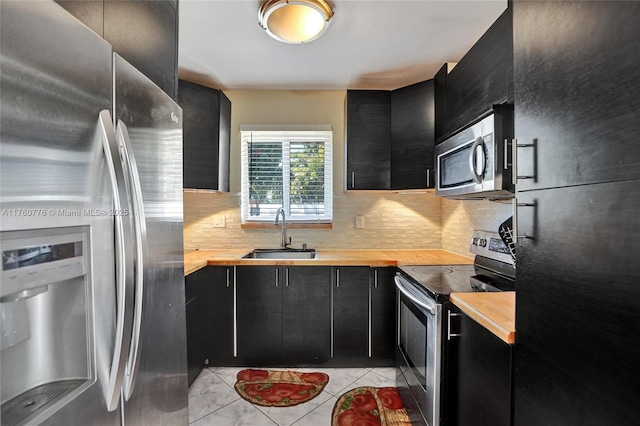 kitchen featuring a sink, butcher block counters, dark cabinetry, and stainless steel appliances