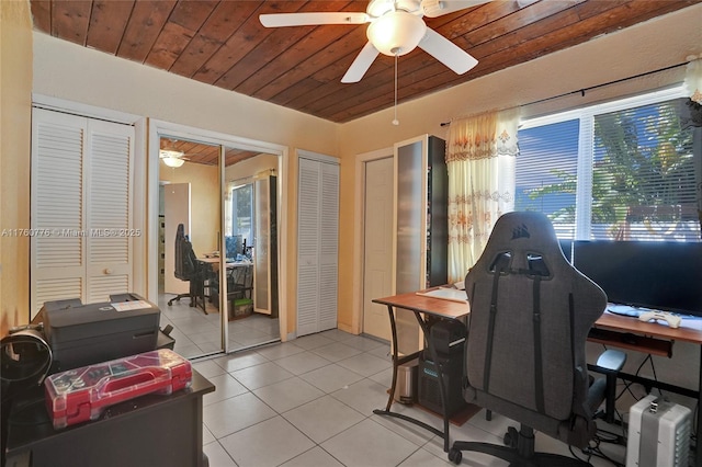 office area with light tile patterned floors, wood ceiling, and ceiling fan