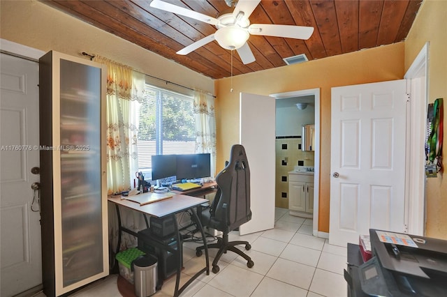 office area featuring light tile patterned floors, visible vents, wood ceiling, and ceiling fan