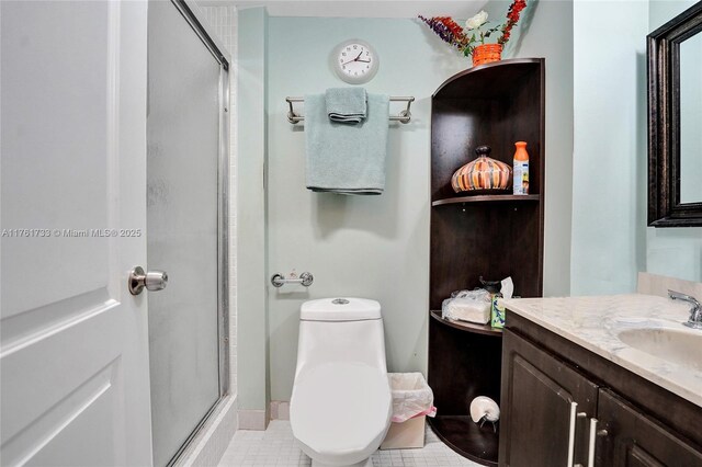 3800 Hillcrest Dr Unit 412, Hollywood, FL 33021 - bathroom featuring an enclosed shower, vanity, toilet, and tile patterned floors