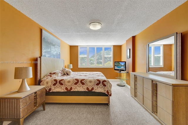 bedroom with carpet, baseboards, and a textured ceiling