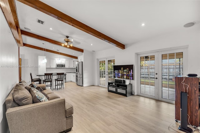 living room featuring visible vents, lofted ceiling with beams, recessed lighting, french doors, and light wood finished floors