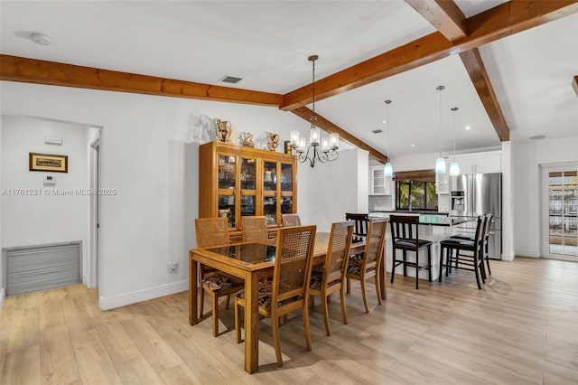 dining space featuring vaulted ceiling with beams, baseboards, visible vents, and light wood-type flooring