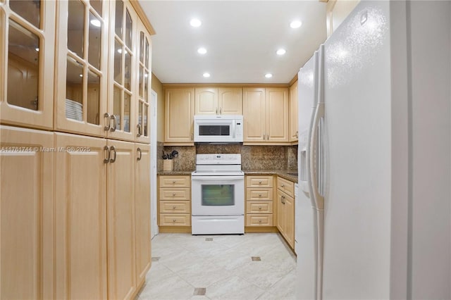 kitchen featuring light brown cabinets, backsplash, recessed lighting, white appliances, and glass insert cabinets