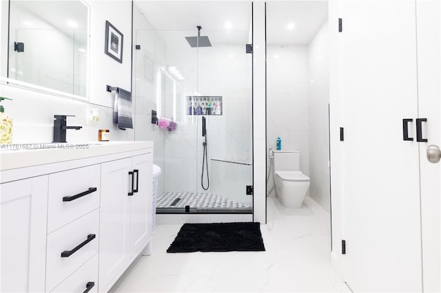 full bathroom with a marble finish shower, toilet, marble finish floor, and vanity