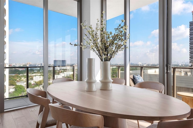 dining room featuring a view of city, a healthy amount of sunlight, and wood finished floors