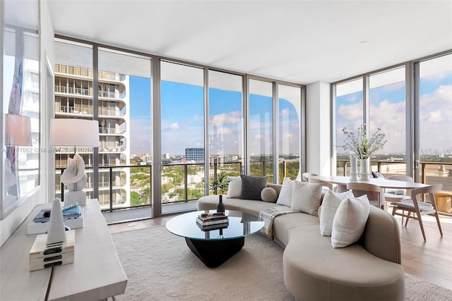 living room featuring a city view, wood finished floors, and expansive windows