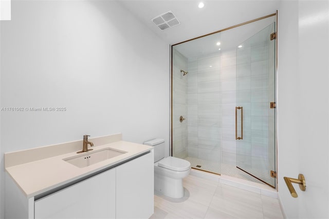 full bath featuring visible vents, toilet, a stall shower, and vanity