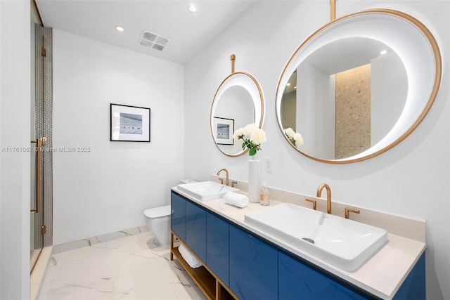 bathroom featuring recessed lighting, marble finish floor, visible vents, and a sink