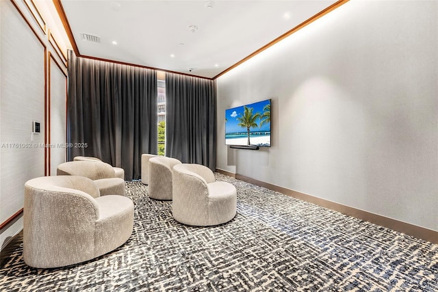 cinema room featuring recessed lighting, visible vents, baseboards, and crown molding