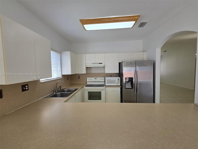 kitchen with visible vents, under cabinet range hood, a sink, white appliances, and white cabinets