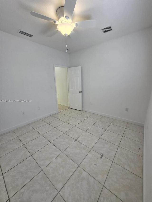 empty room featuring visible vents, baseboards, and a ceiling fan