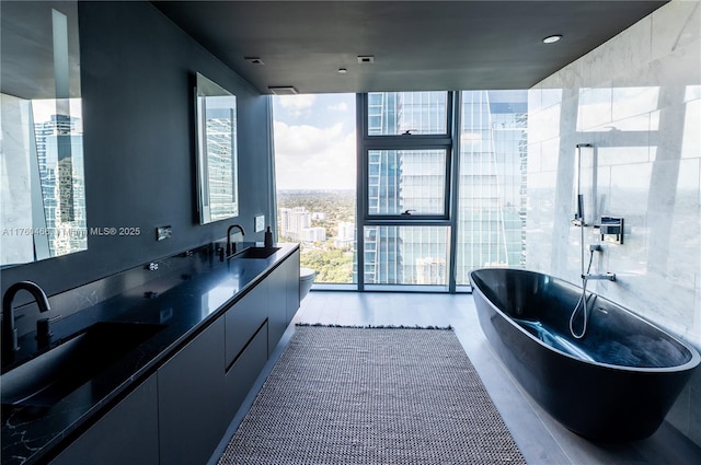 full bath with toilet, double vanity, expansive windows, a freestanding tub, and a sink