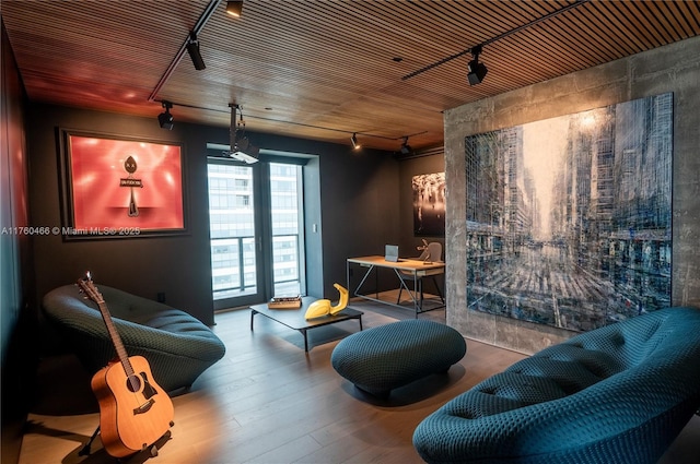 living area featuring wood finished floors and rail lighting