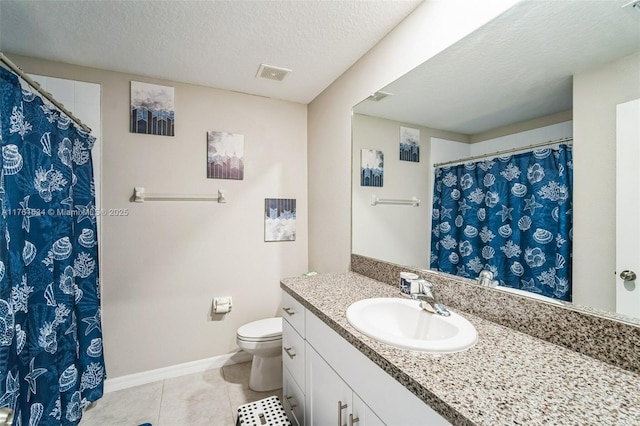 full bathroom with tile patterned floors, visible vents, toilet, a textured ceiling, and vanity