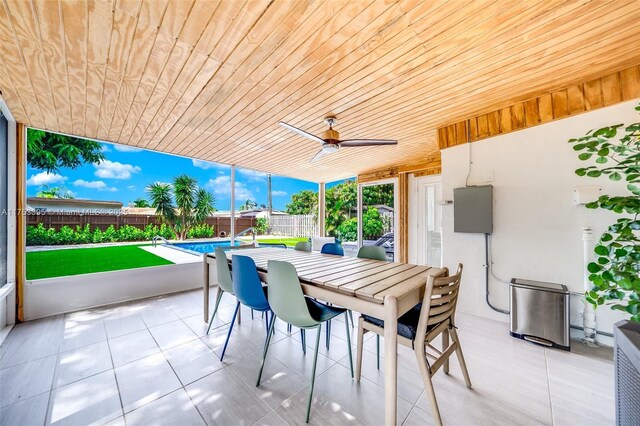 view of patio with outdoor dining area, a fenced backyard, a fenced in pool, and ceiling fan