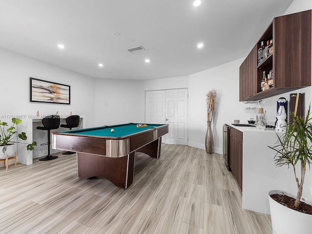 recreation room featuring pool table, recessed lighting, visible vents, and light wood-type flooring