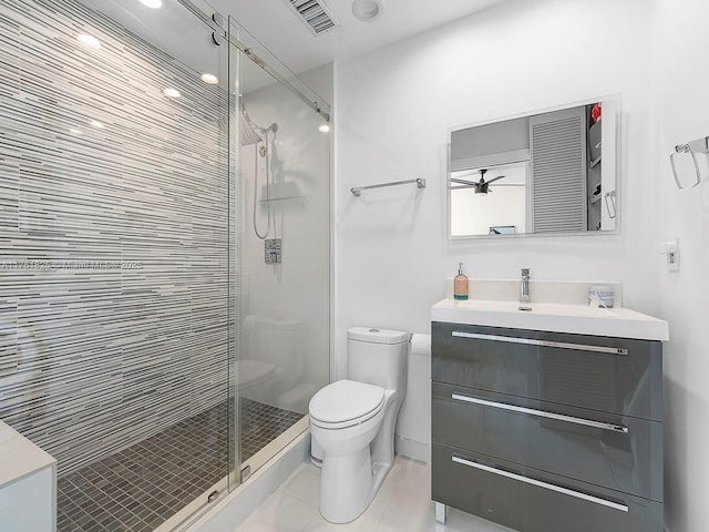 bathroom featuring vanity, visible vents, tile patterned flooring, a shower stall, and toilet