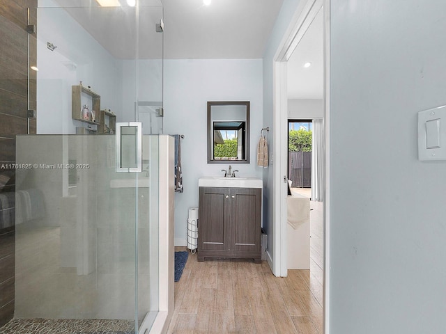 bathroom featuring vanity, wood finished floors, and a shower stall